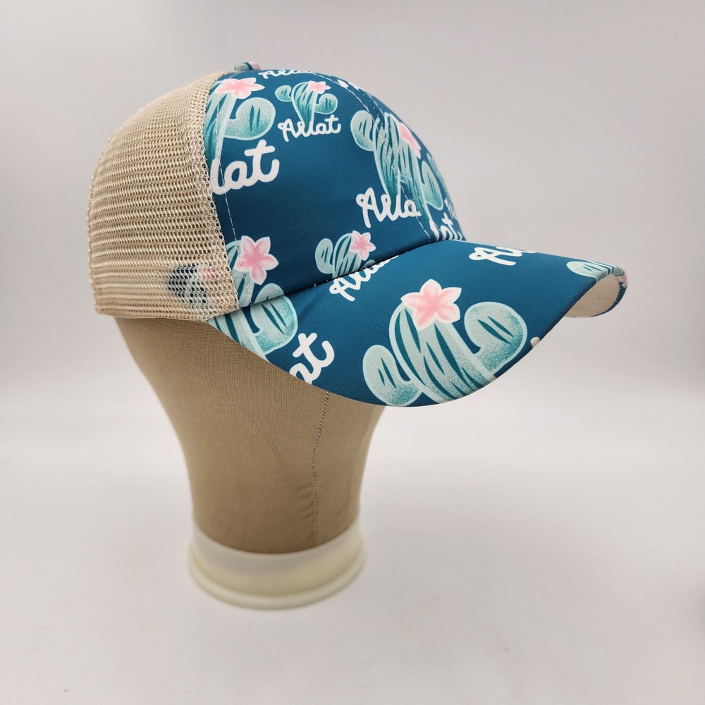 Womens Cactus Print Ponytail Trucker Hat Teal Tan Mesh Baseball Cap EUC - Picture 2 of 10